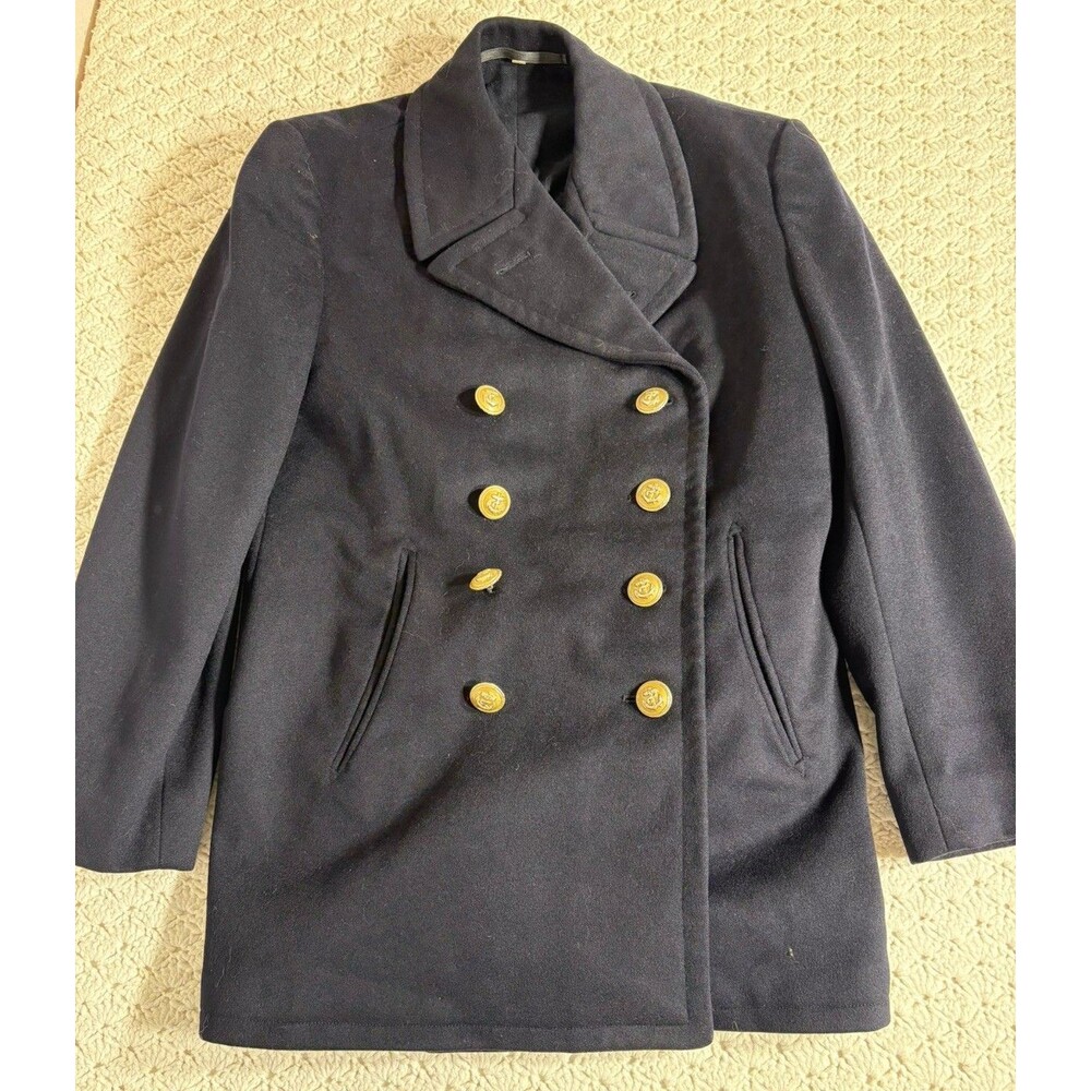 VTG Overhoff Cie Gold Button Double Breast German Military Pea Coat Wool 36R EUC